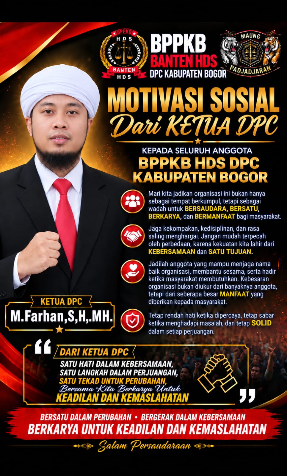 Motivasi Sosial Bang Haji Farhan SH MH, Seluruh Jajaran, dari DPC, DPAC hingga Unit